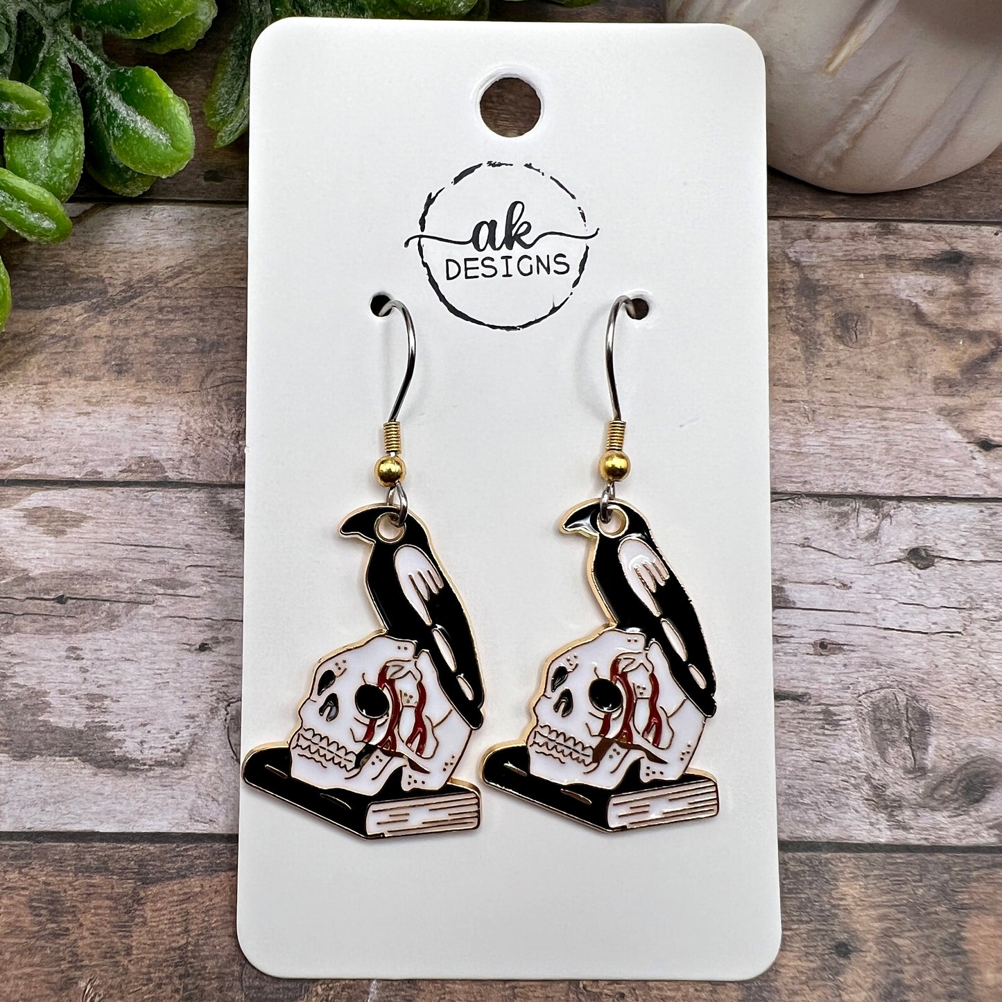 Raven Crow Bloody Skull Halloween, Silver and Gold Two-Toned Stainless Steel  Earrings, Hypoallergenic Gift
