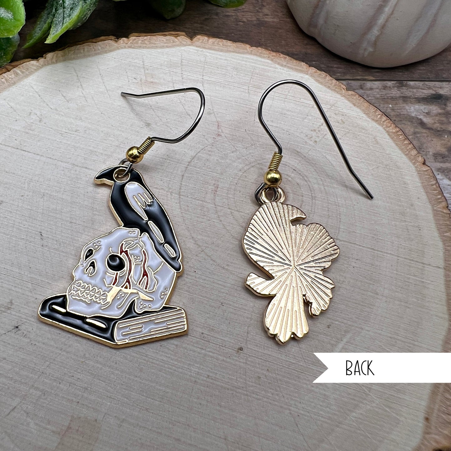 Raven Crow Bloody Skull Halloween, Silver and Gold Two-Toned Stainless Steel  Earrings, Hypoallergenic Gift