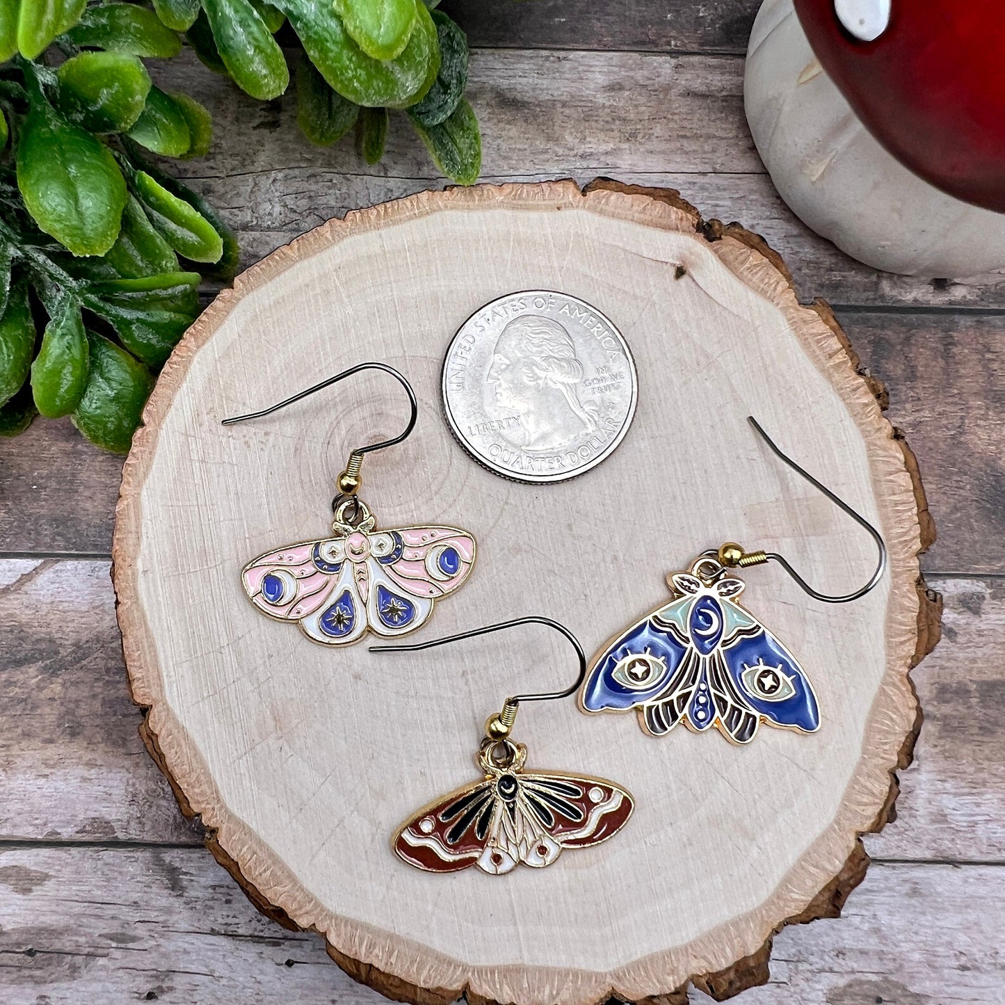 Moth / Butterfly Multicolor Enamel Earrings, Silver and Gold Two-Toned / Goldtone Stainless Steel , Hypoallergenic Gift - Animal