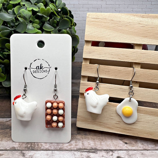 Mismatched Eggs and Chicken Farm Animal Quirky Fun Earrings Hypoallergenic Dangle Farmhouse Jewelry