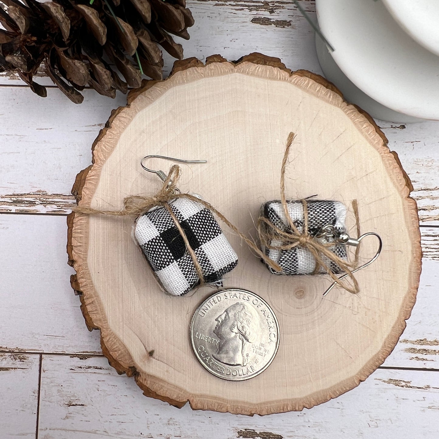 Buffalo Plaid Twine Wrapped Gift Holiday Christmas Handmade Hypoallergenic Earrings