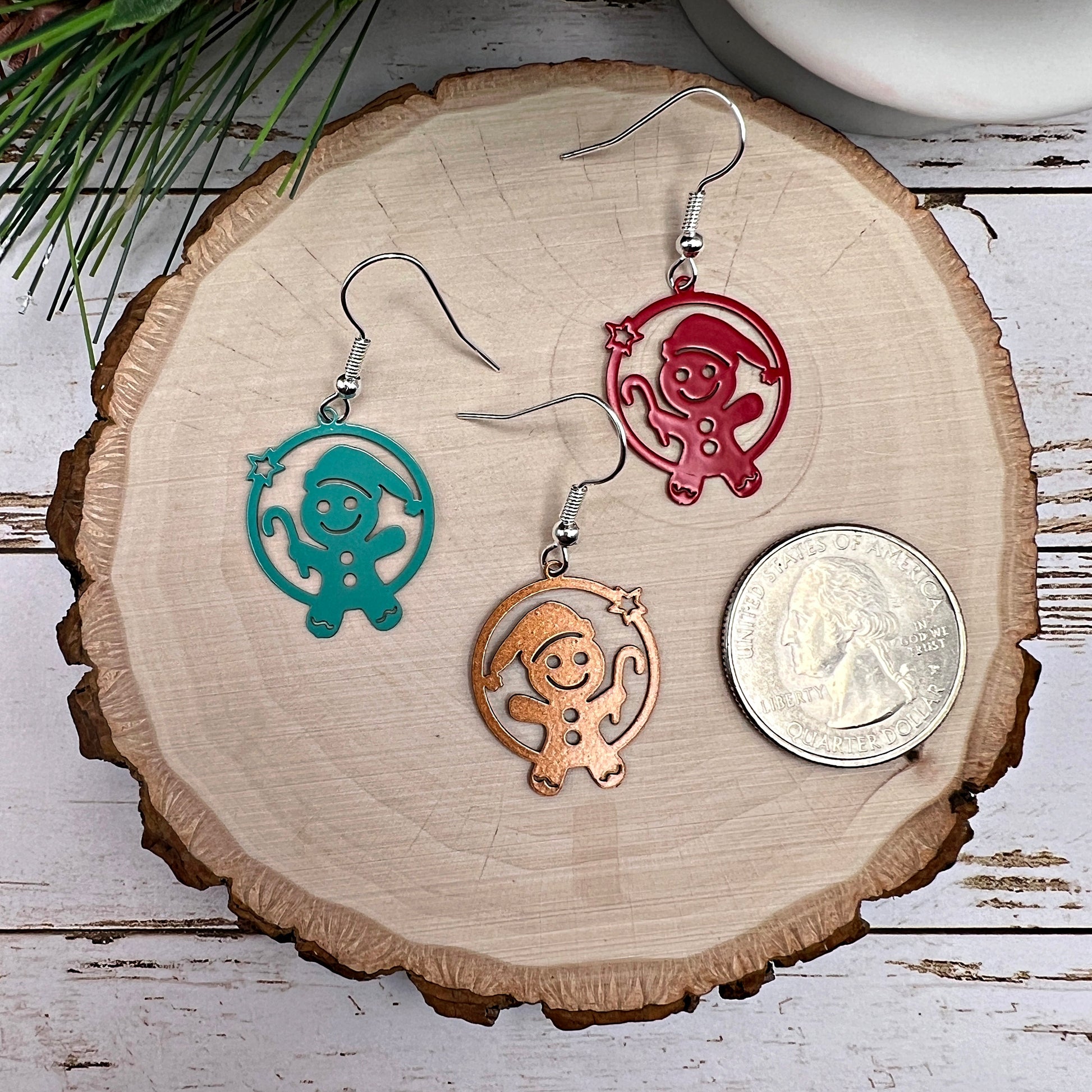 Gingerbread Christmas Candy Cane Circle Winter Christmas Hypoallergenic Dangle Holiday Painted Brass Lightweight Earrings