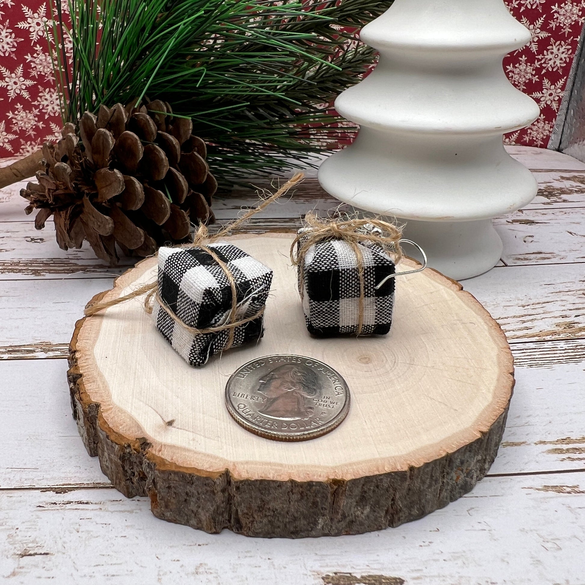 Buffalo Plaid Twine Wrapped Gift Holiday Christmas Handmade Hypoallergenic Earrings
