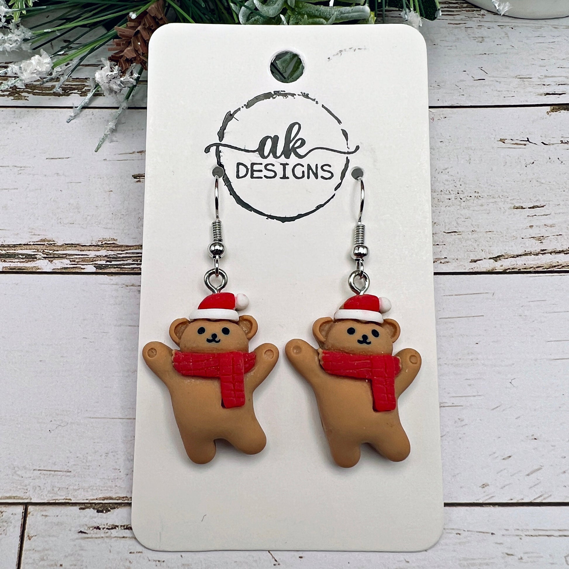 Adorable Santa Hat Red Scarf Teddy Bear Christmas Dangle Earrings, Hypoallergenic, Holiday Gift, Stocking Stuffer